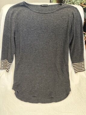 Pink Clover Charcoal Grey 3/4 Sleeve Top with Striped Cuffs